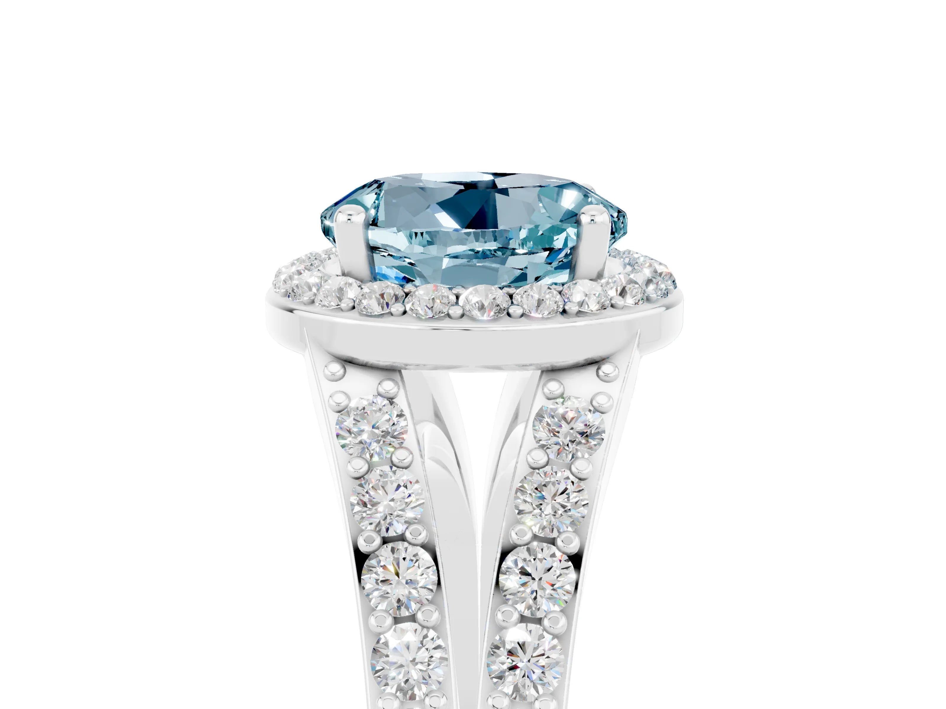 White gold Round Cut Aquamarine Split Shank Halo Ring with Four-Prong Setting_29