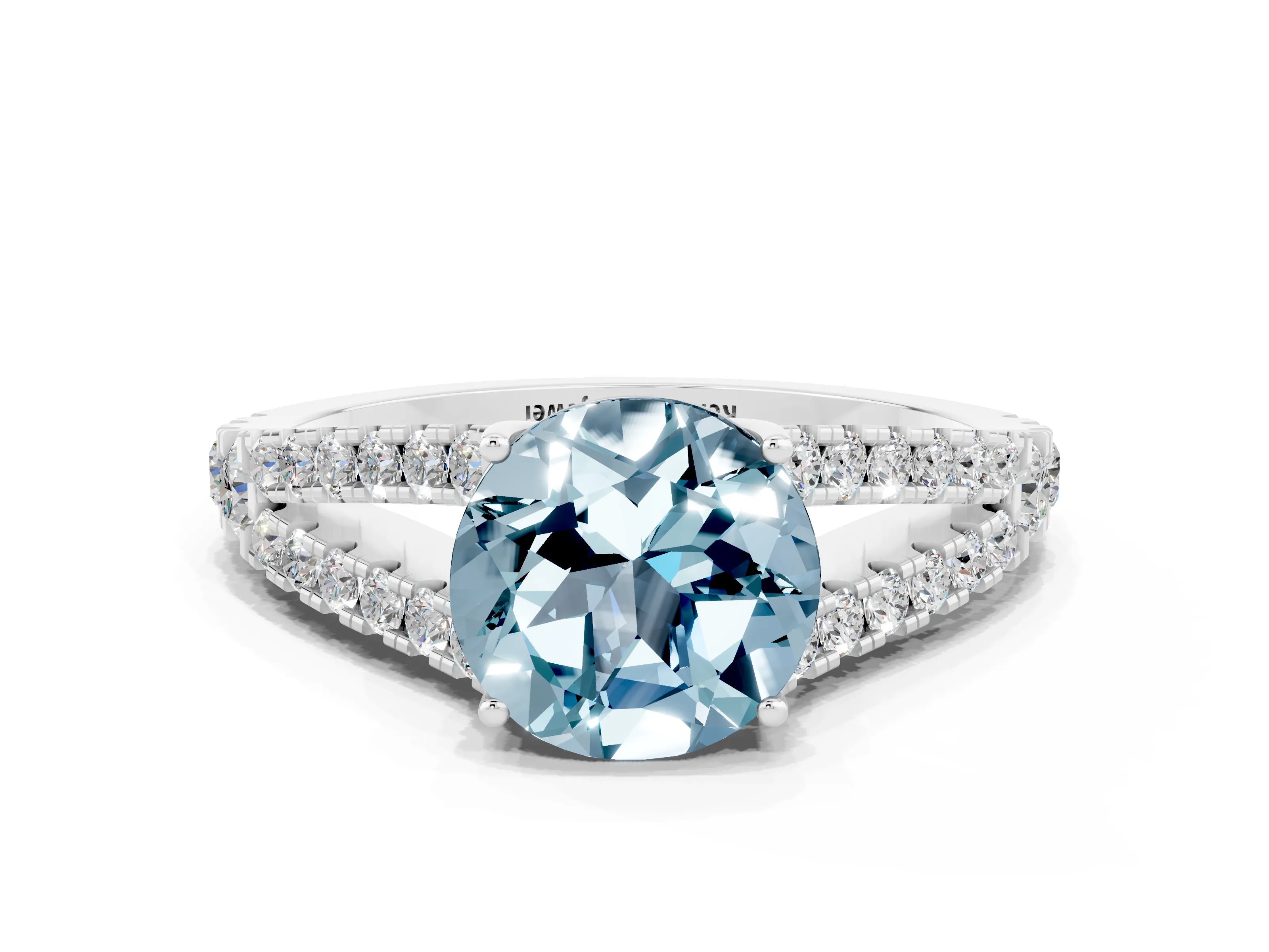 White gold Round Cut Aquamarine Split Shank Pavé Engagement Ring with Four-Prong Setting_12