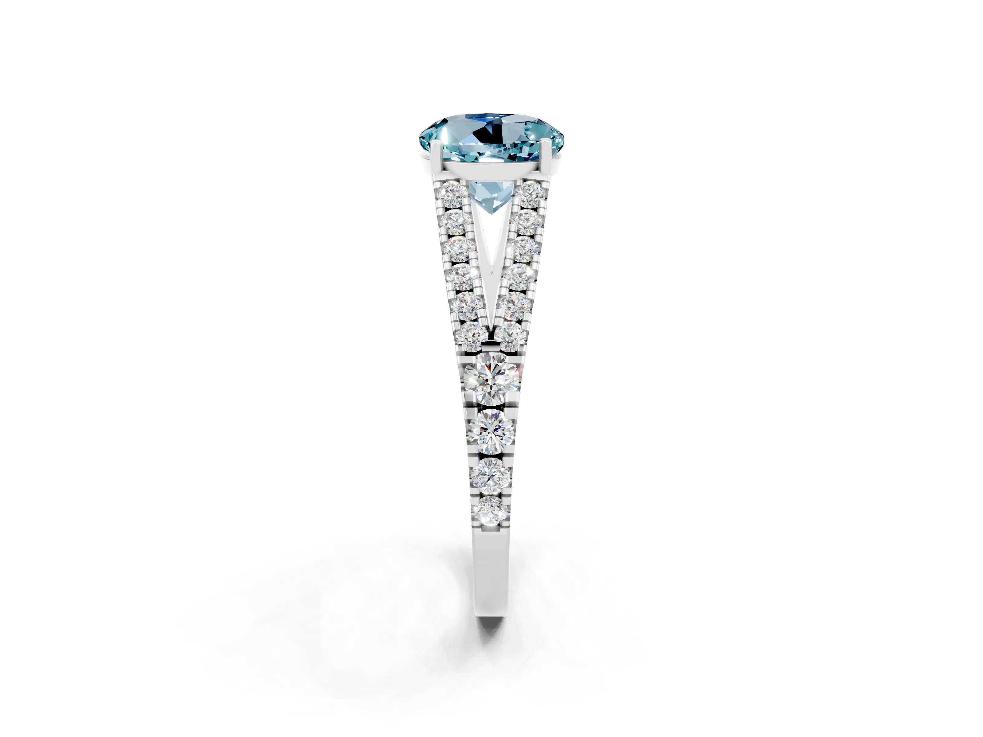 White gold Round Cut Aquamarine Split Shank Pavé Engagement Ring with Four-Prong Setting_14