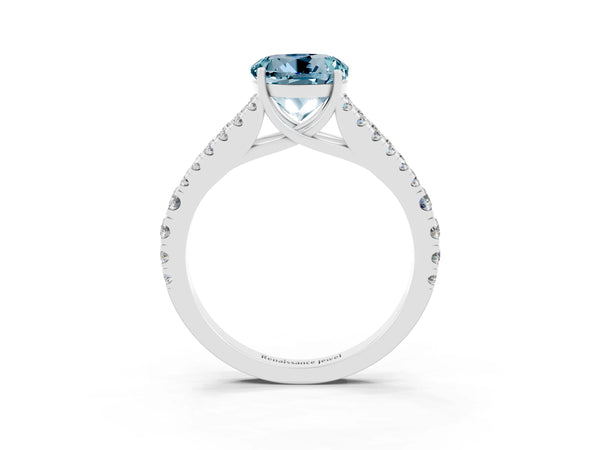 Platinum Round Cut Aquamarine Split Shank Pavé Engagement Ring with Four-Prong Setting