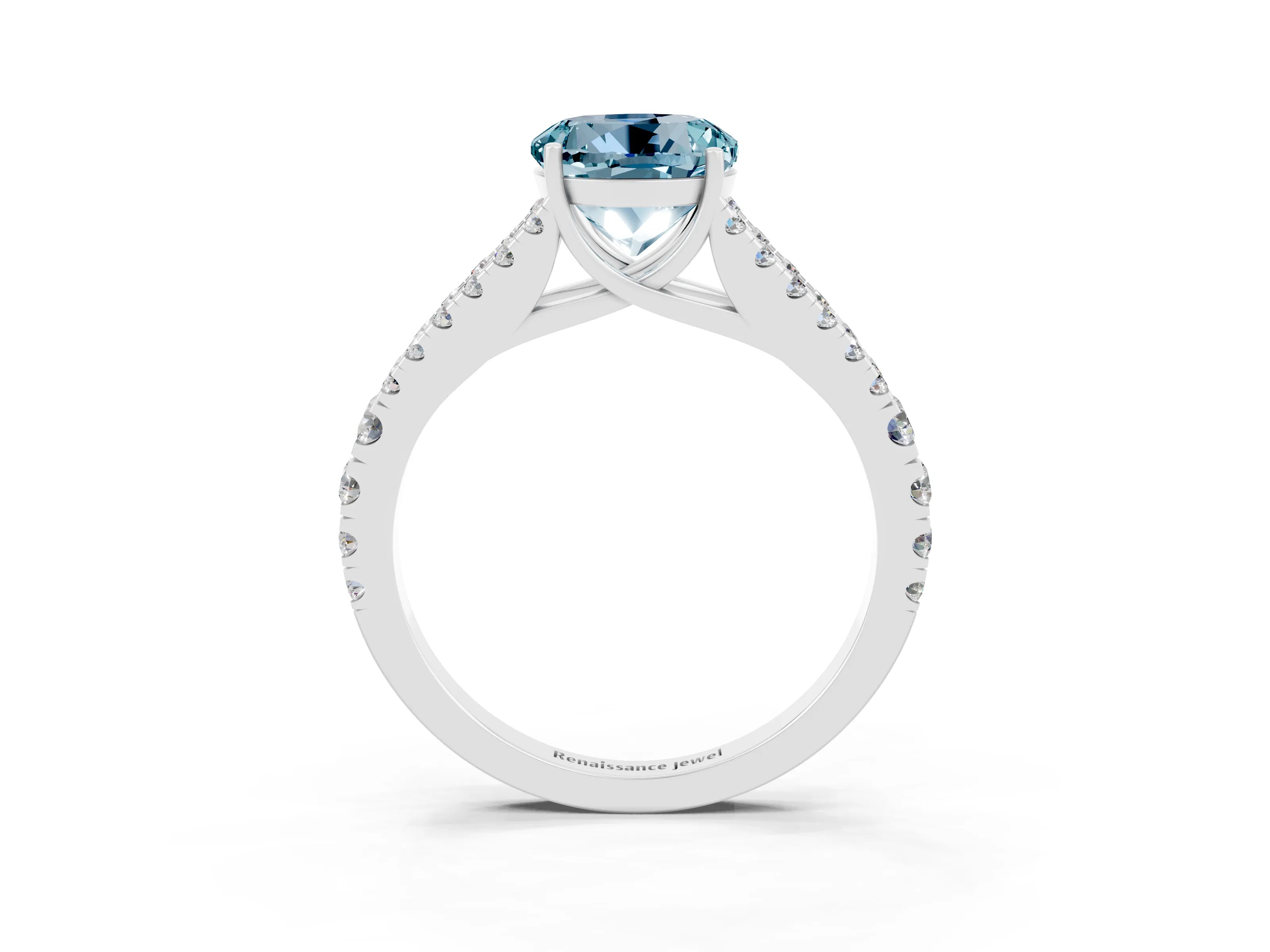White gold Round Cut Aquamarine Split Shank Pavé Engagement Ring with Four-Prong Setting_15