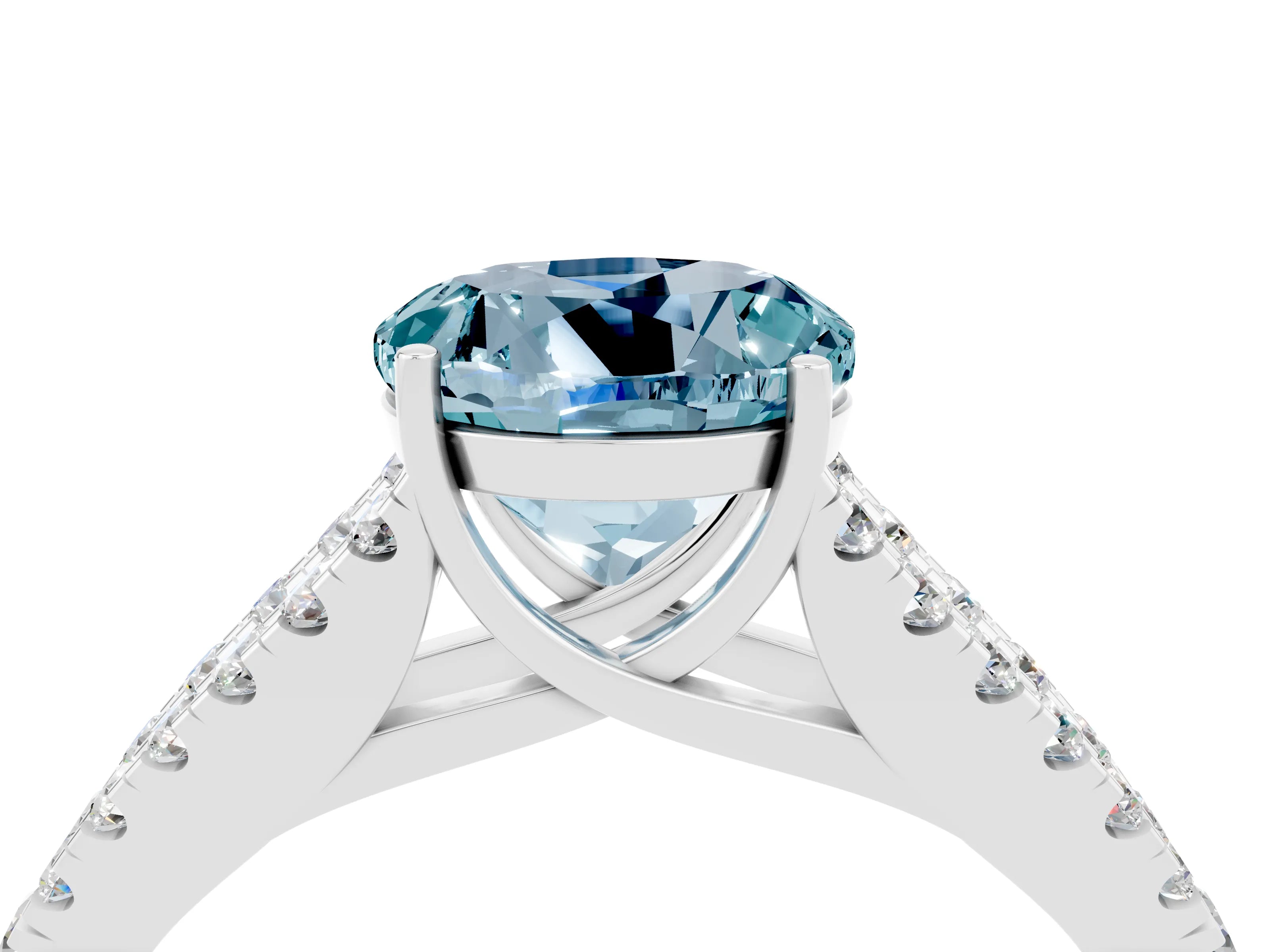 White gold Round Cut Aquamarine Split Shank Pavé Engagement Ring with Four-Prong Setting_16