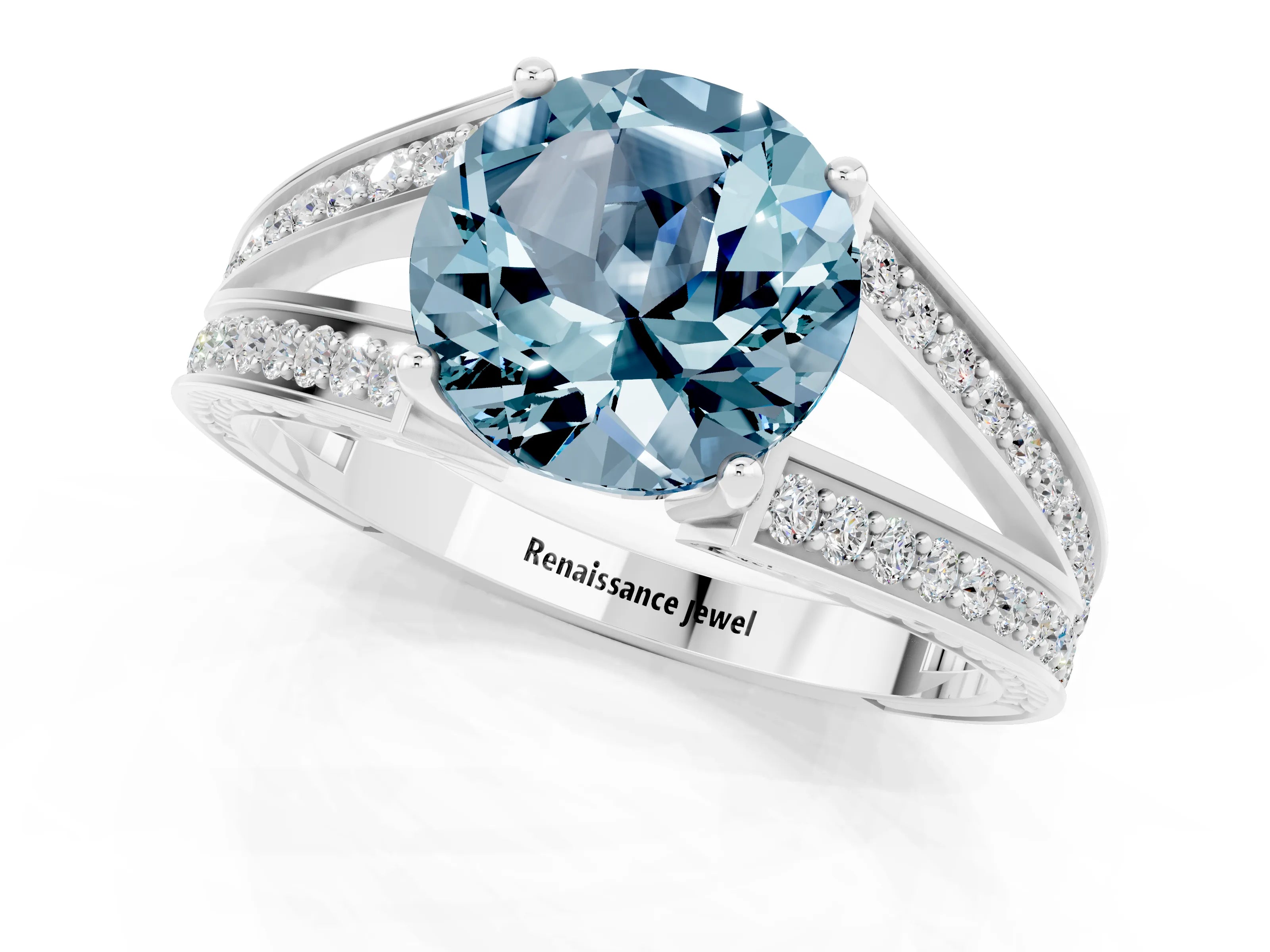 White gold Round Cut Aquamarine Split Shank Ring with Pavé Band and Four-Prong Setting_1