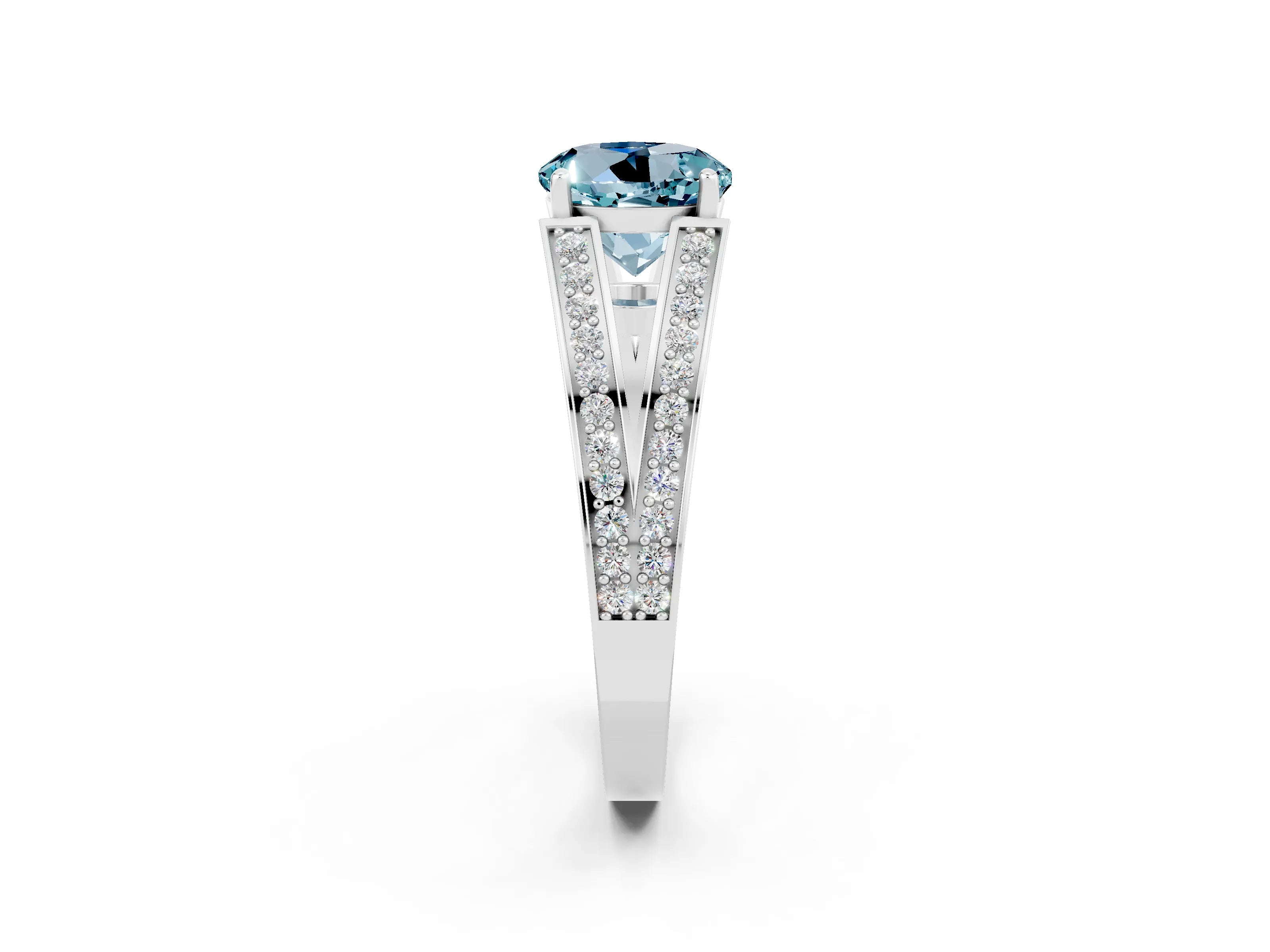 White gold Round Cut Aquamarine Split Shank Ring with Pavé Band and Four-Prong Setting_2