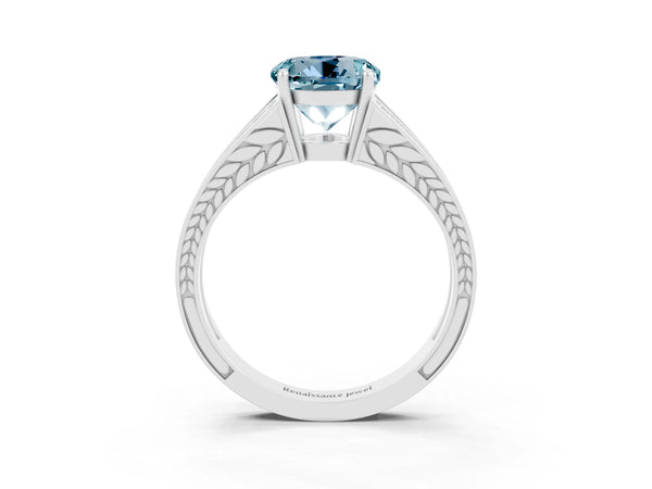 Platinum Round Cut Aquamarine Split Shank Ring with Pavé Band and Four-Prong Setting