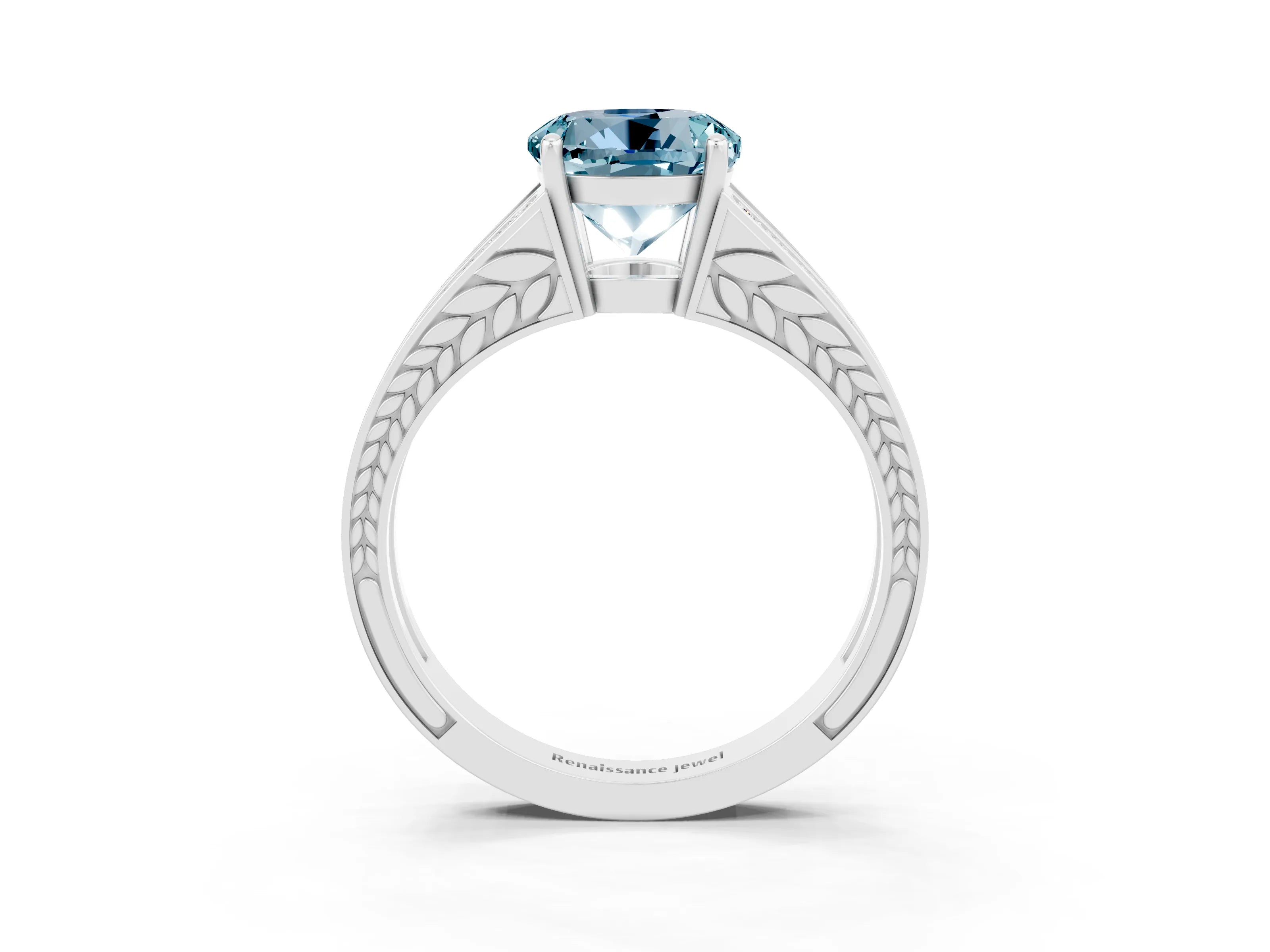 White gold Round Cut Aquamarine Split Shank Ring with Pavé Band and Four-Prong Setting_3