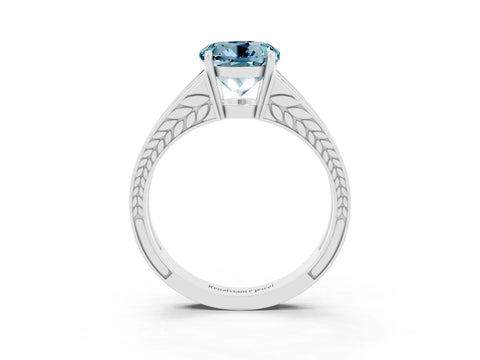 White gold Round Cut Aquamarine Split Shank Ring with Pavé Band and Four-Prong Setting_3