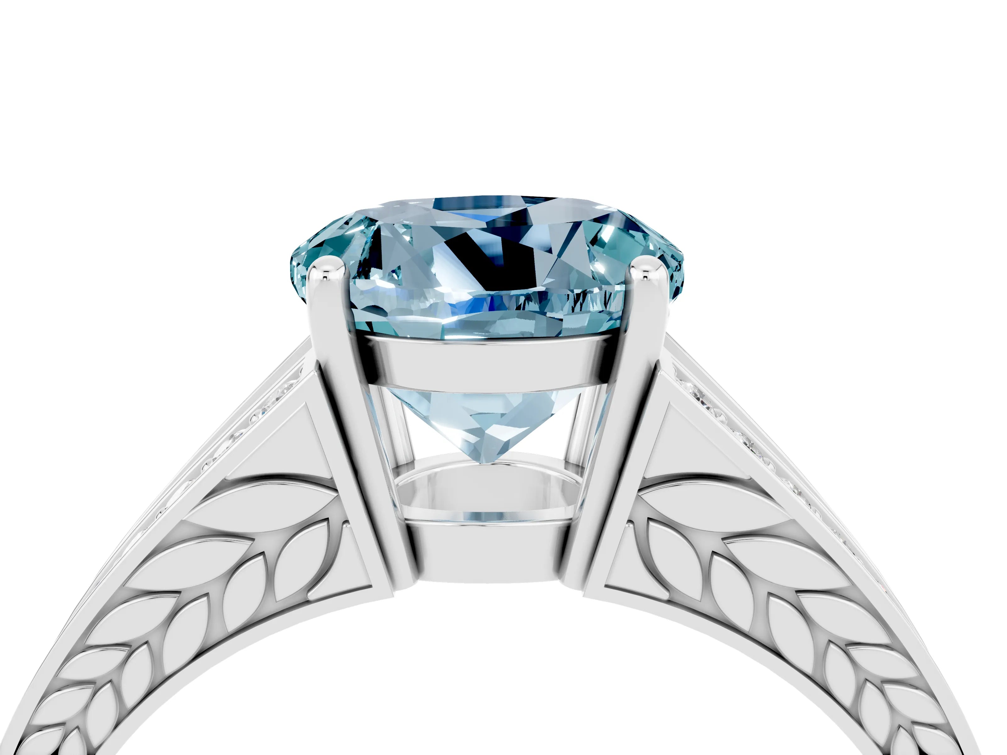 White gold Round Cut Aquamarine Split Shank Ring with Pavé Band and Four-Prong Setting_4
