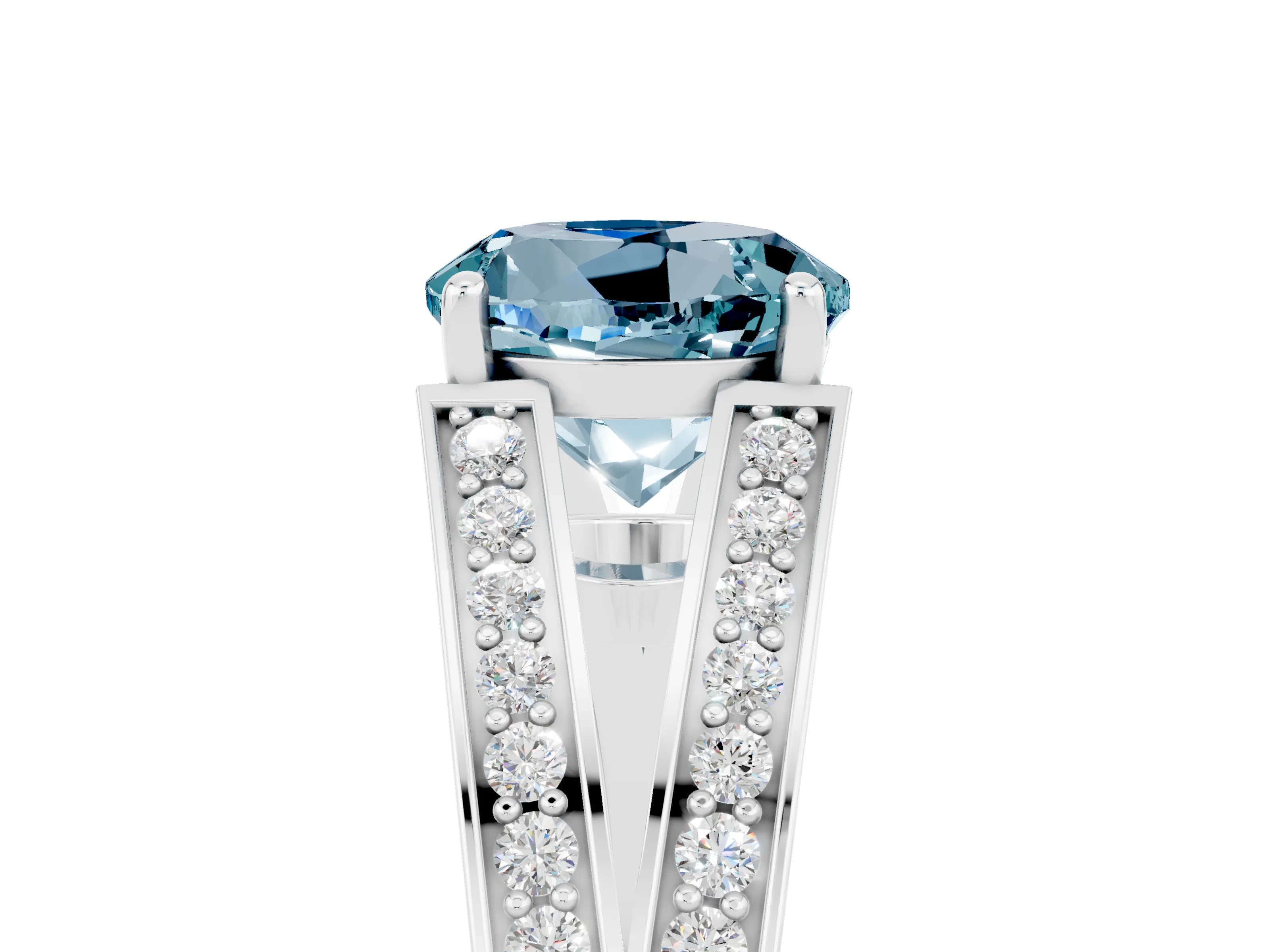 White gold Round Cut Aquamarine Split Shank Ring with Pavé Band and Four-Prong Setting_5