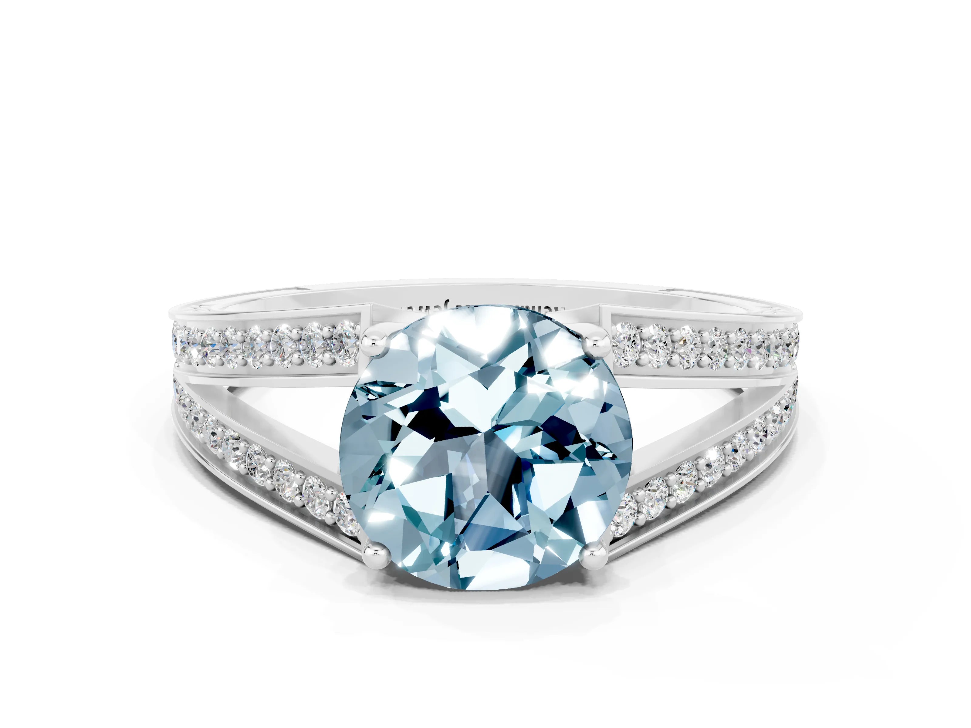 White gold Round Cut Aquamarine Split Shank Ring with Pavé Band and Four-Prong Setting