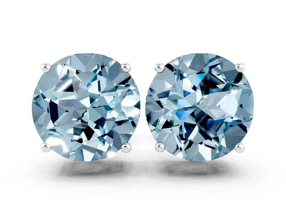 14K White Gold 3.13 Carat Round Aquamarine Stud Earrings