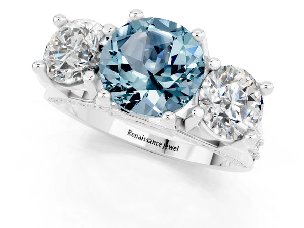 White gold Round Cut Aquamarine Three-Stone Ring with Channel Set Band and Four-Prong Setting