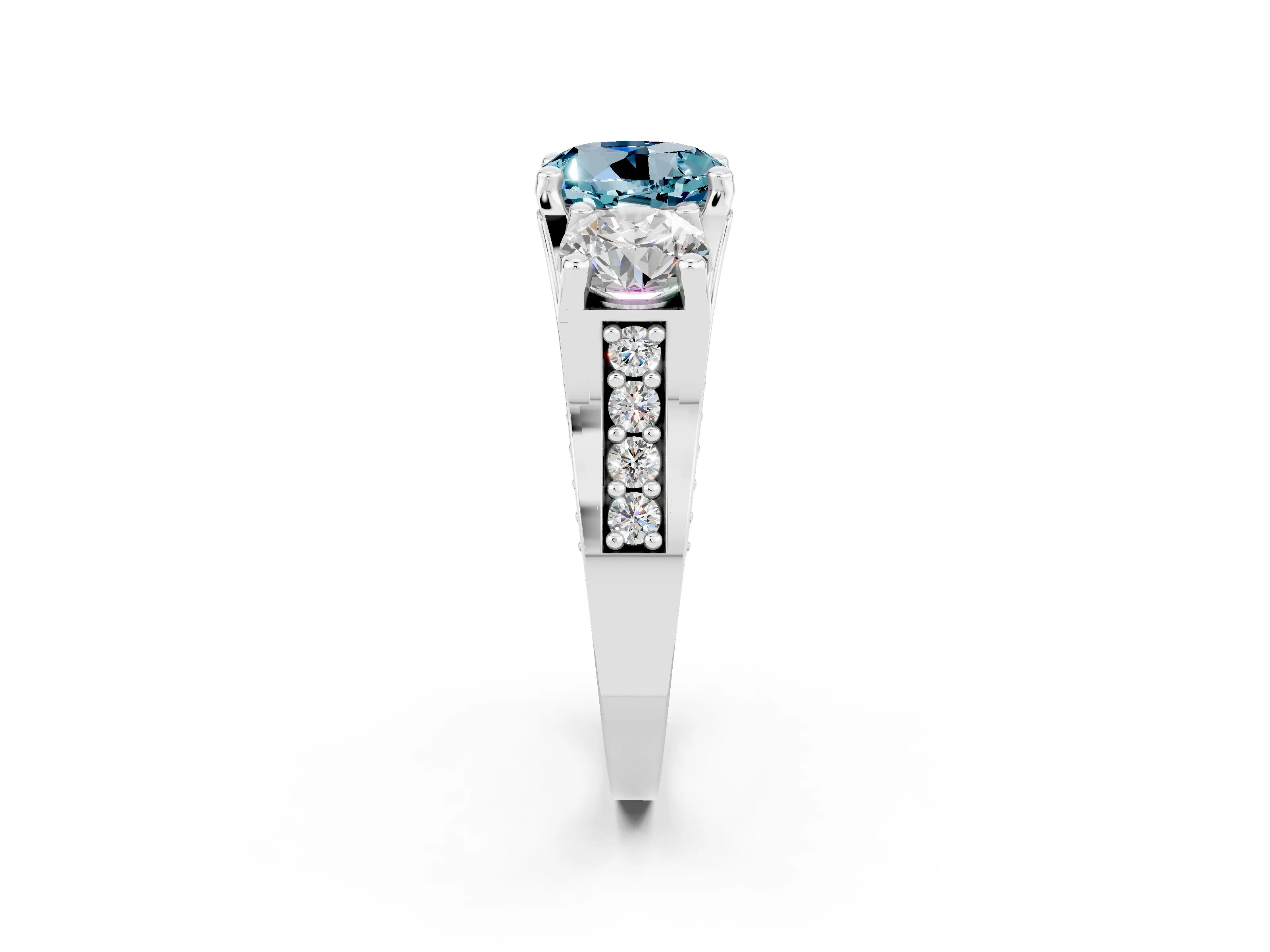 White gold Round Cut Aquamarine Three-Stone Ring with Channel Set Band and Four-Prong Setting_2