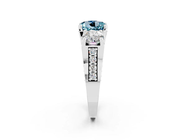 White gold Round Cut Aquamarine Three-Stone Ring with Channel Set Band and Four-Prong Setting
