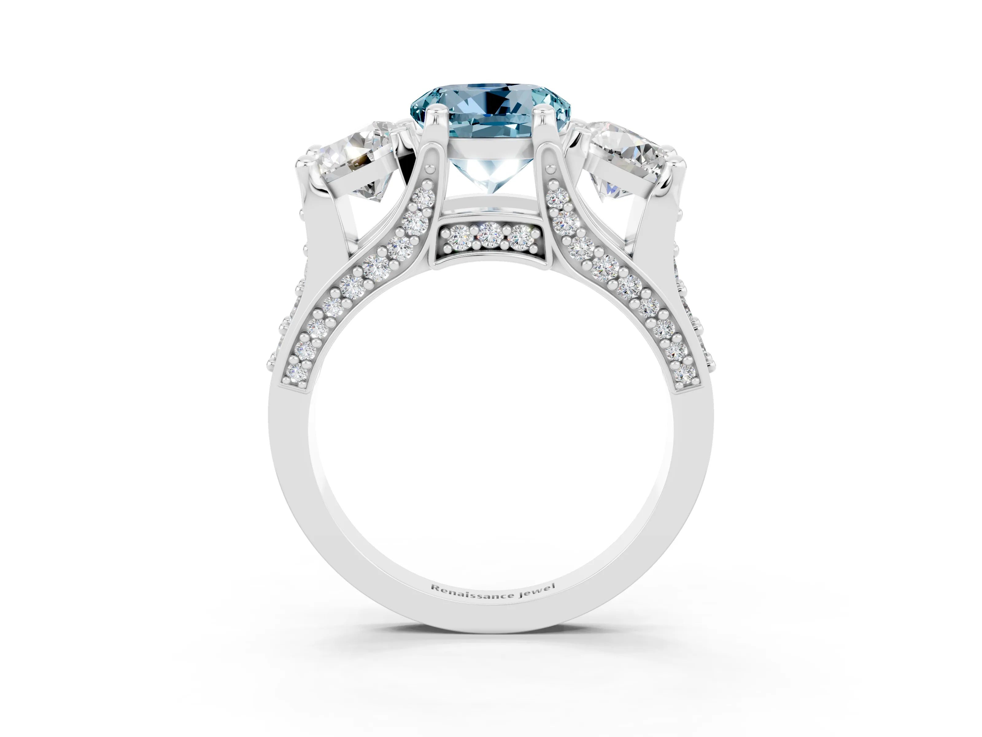 White gold Round Cut Aquamarine Three-Stone Ring with Channel Set Band and Four-Prong Setting_3