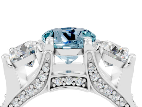 White gold Round Cut Aquamarine Three-Stone Ring with Channel Set Band and Four-Prong Setting_4