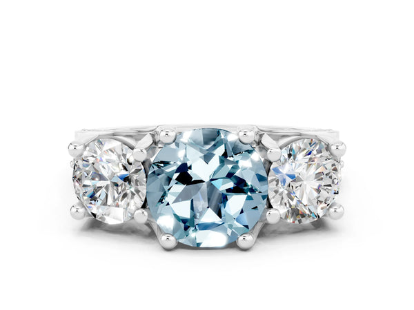 Silver Round Cut Aquamarine Three-Stone Ring with Channel Set Band and Four-Prong Setting