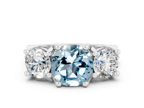 White gold Round Cut Aquamarine Three-Stone Ring with Channel Set Band and Four-Prong Setting