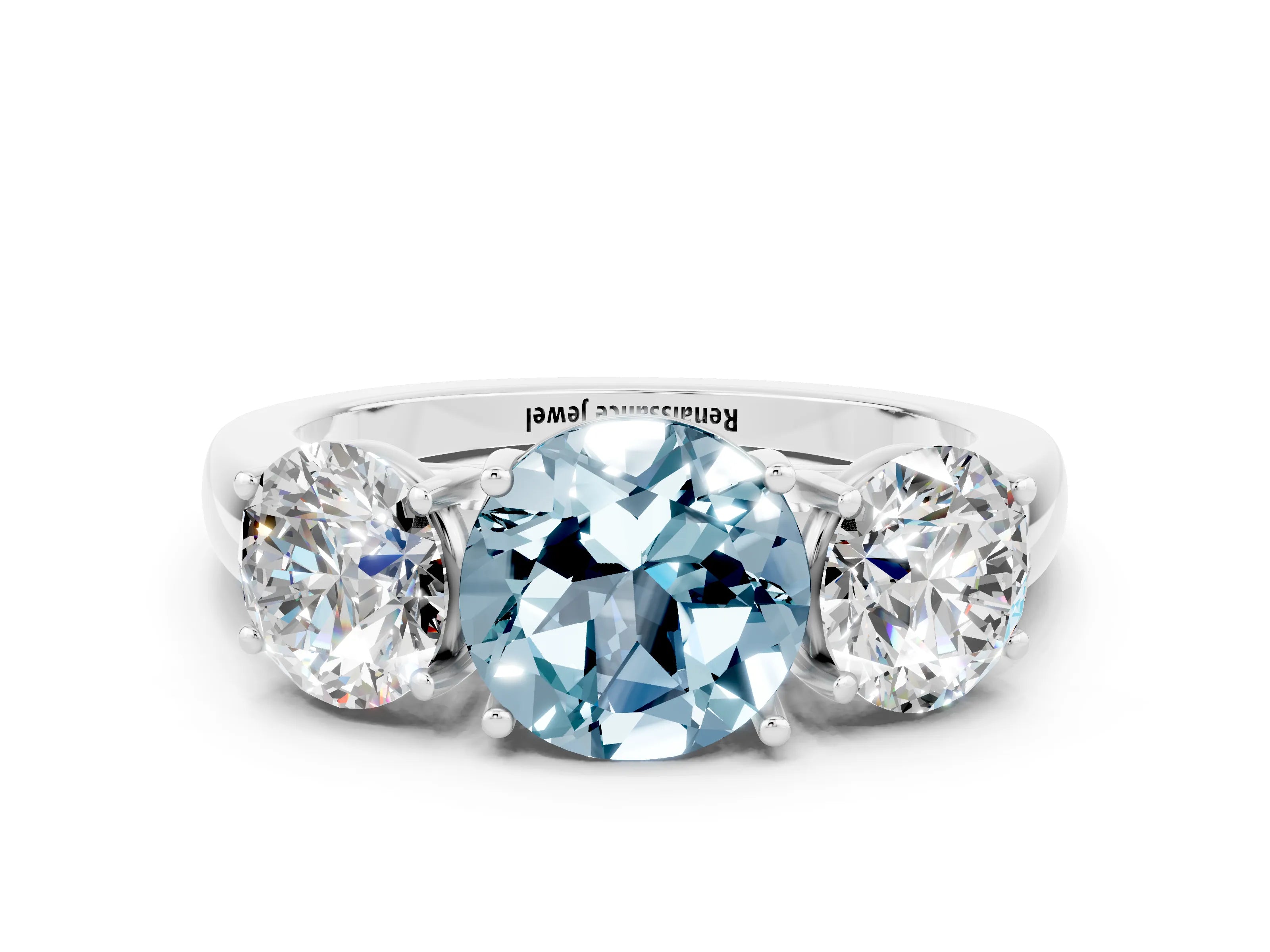 White gold Round Cut Aquamarine Three-Stone Ring with Four-Prong Setting and Classic Band