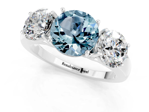 White gold Round Cut Aquamarine Three-Stone Ring with Four-Prong Setting and Classic Band