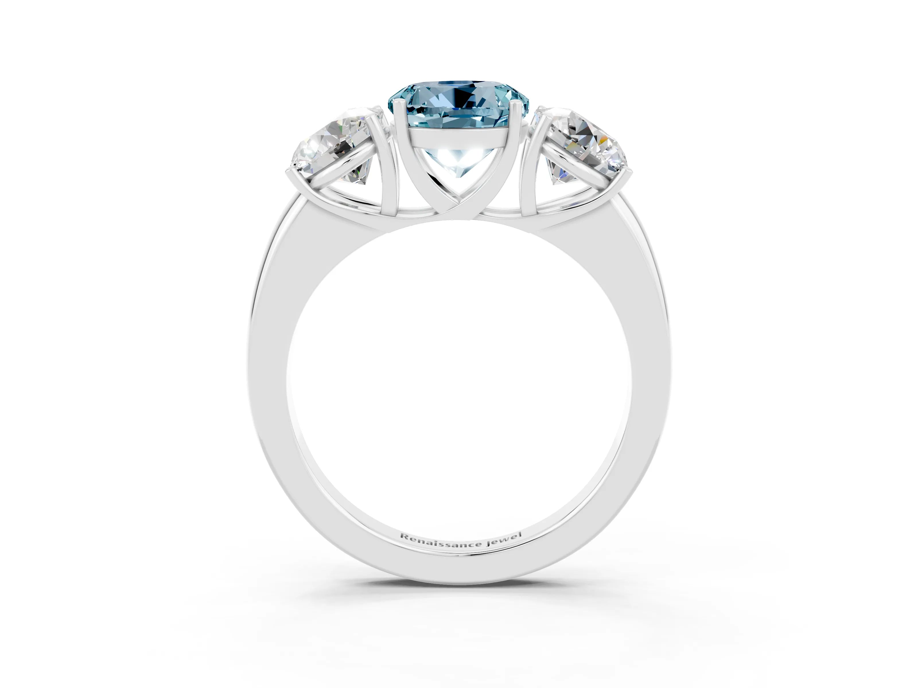 White gold Round Cut Aquamarine Three-Stone Ring with Four-Prong Setting and Classic Band_3