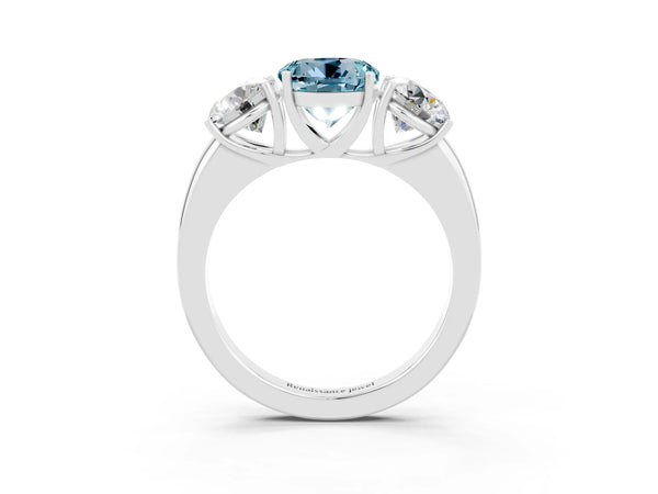 Silver Round Cut Aquamarine Three-Stone Ring with Four-Prong Setting and Classic Band