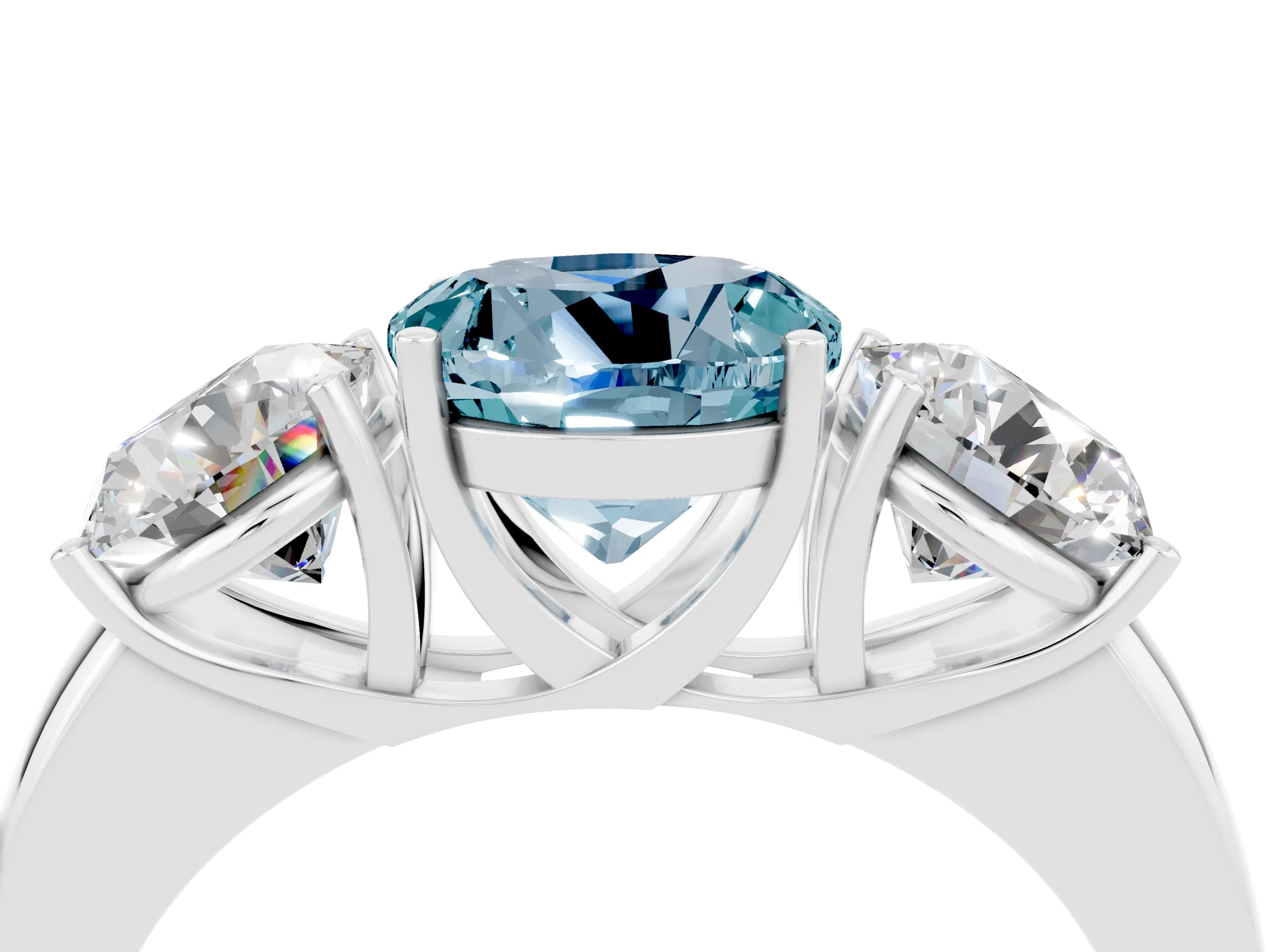 White gold Round Cut Aquamarine Three-Stone Ring with Four-Prong Setting and Classic Band_4