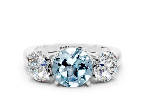 White gold Round Cut Aquamarine Three-Stone Ring with Four-Prong Setting and Classic Band