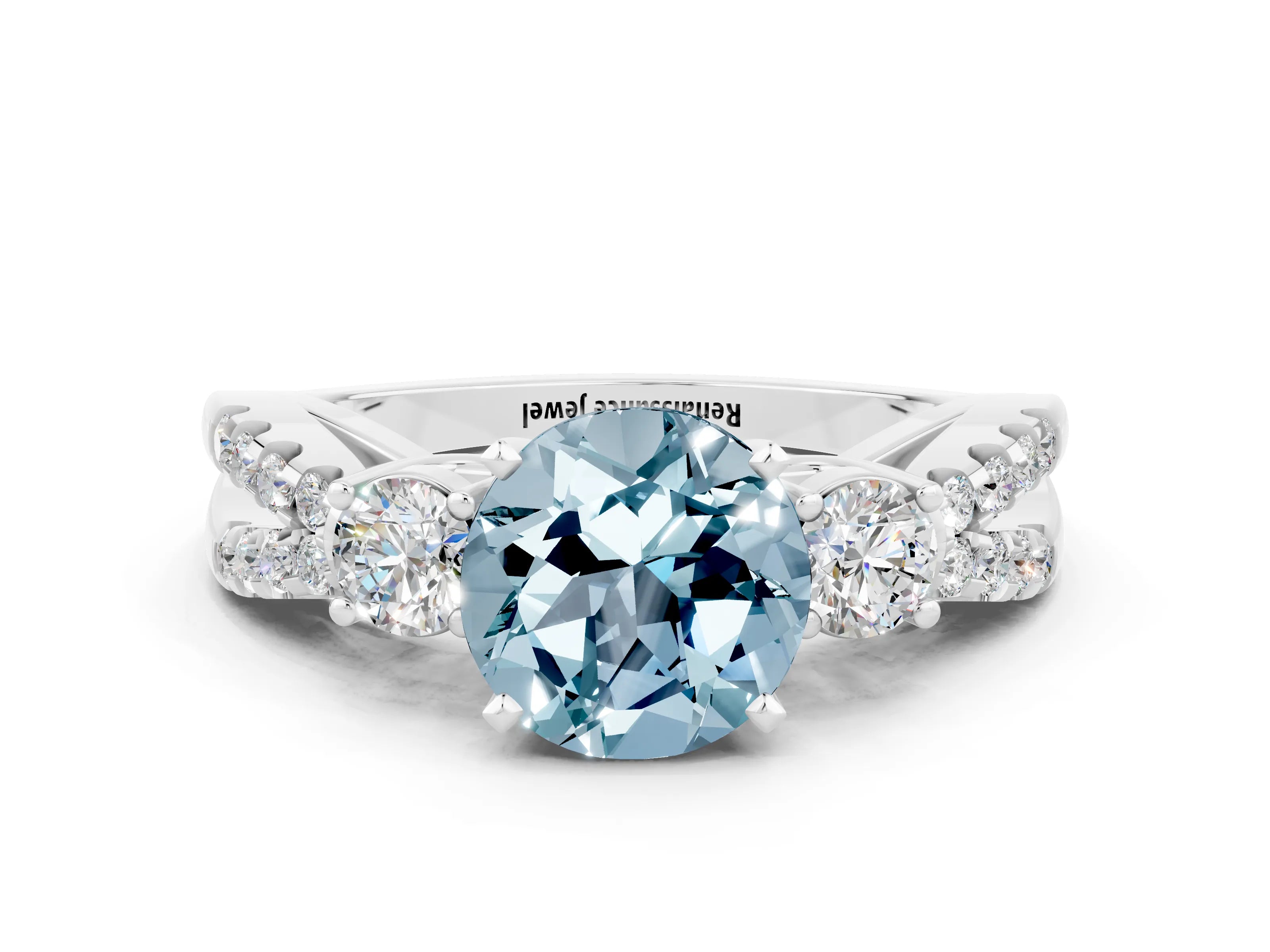 White gold Round Cut Aquamarine Three-Stone Ring with Pavé Split Shank and Four-Prong Setting