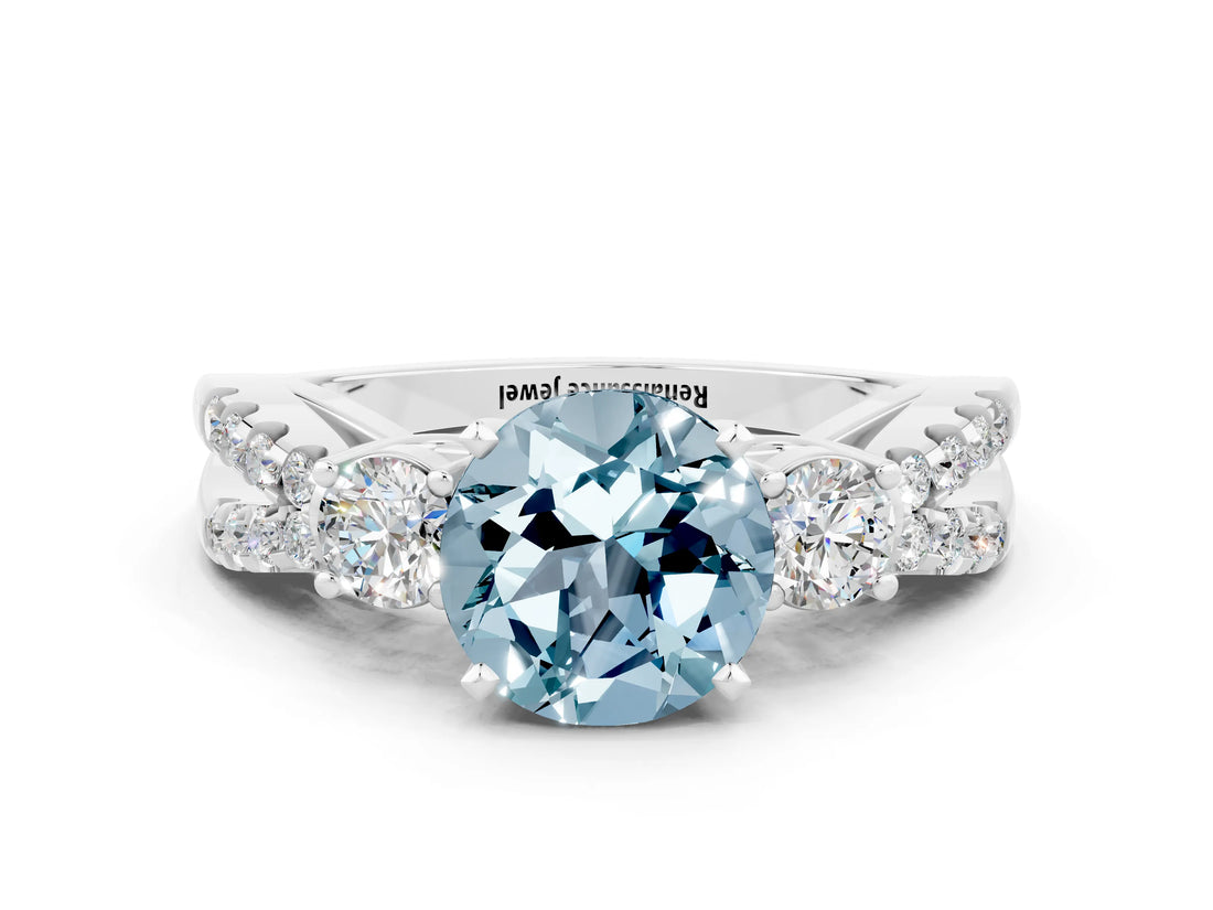 White gold Round Cut Aquamarine Three-Stone Ring with Pavé Split Shank and Four-Prong Setting