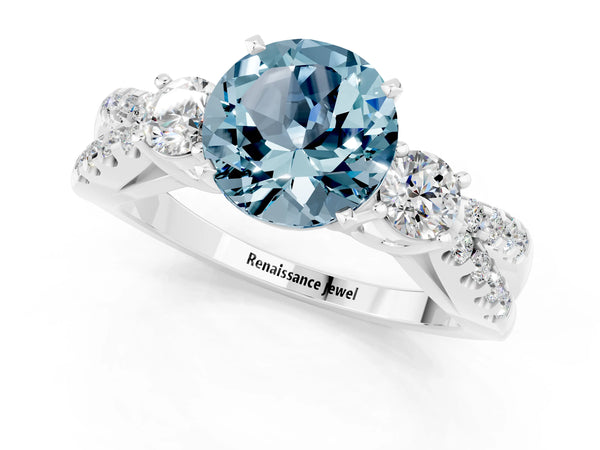 White gold Round Cut Aquamarine Three-Stone Ring with Pavé Split Shank and Four-Prong Setting
