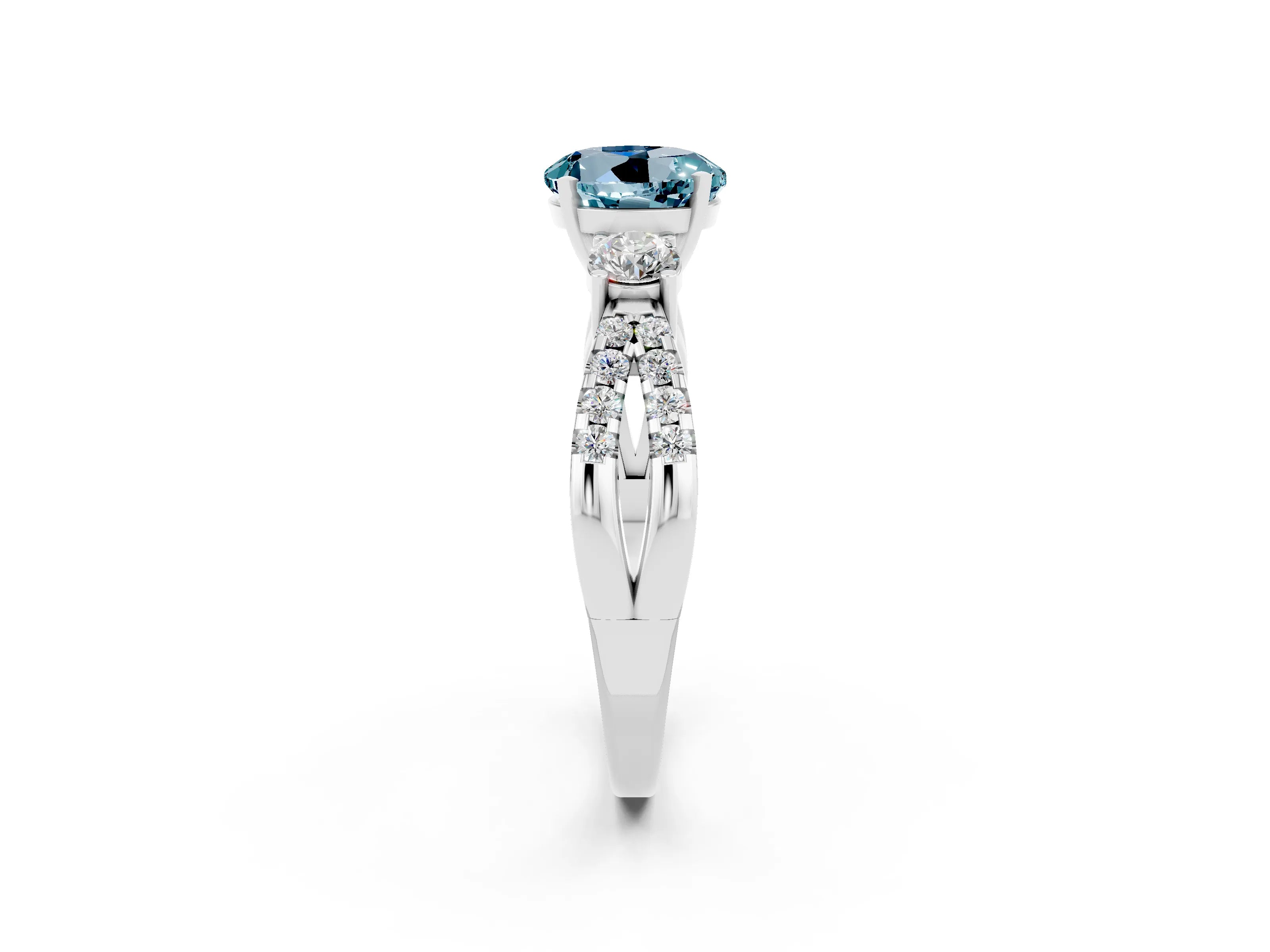 White gold Round Cut Aquamarine Three-Stone Ring with Pavé Split Shank and Four-Prong Setting_2
