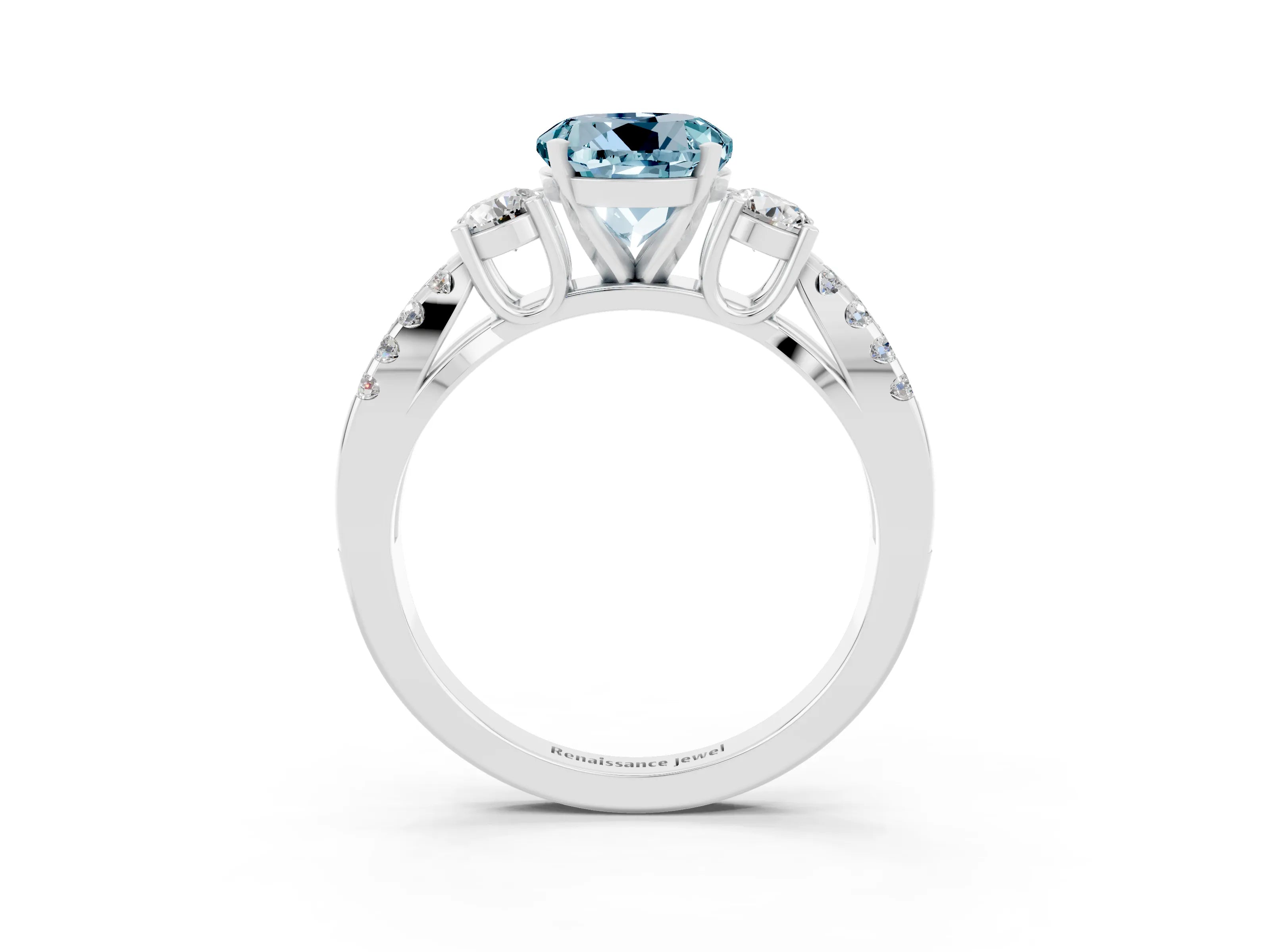 White gold Round Cut Aquamarine Three-Stone Ring with Pavé Split Shank and Four-Prong Setting_3