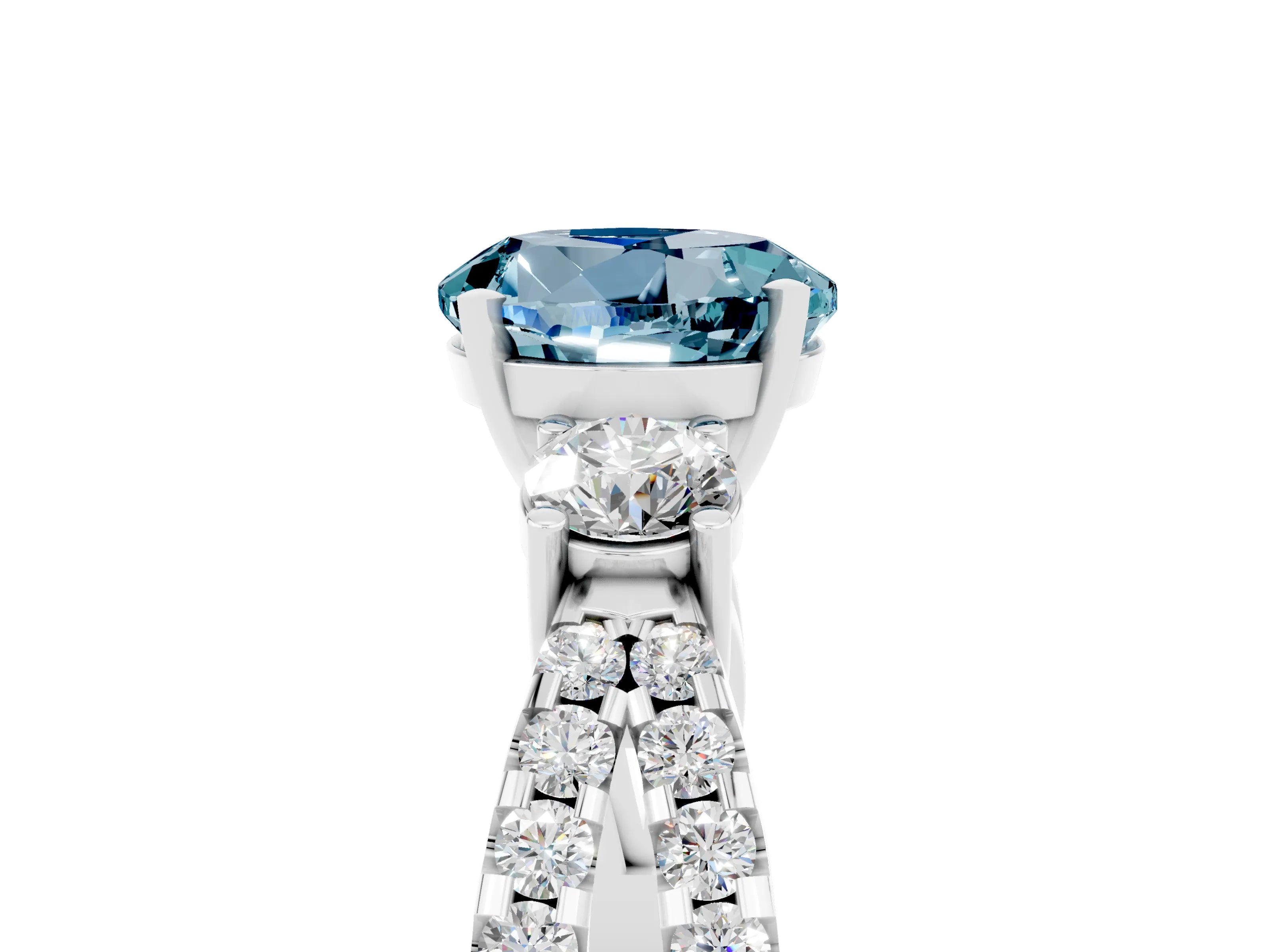 White gold Round Cut Aquamarine Three-Stone Ring with Pavé Split Shank and Four-Prong Setting_5