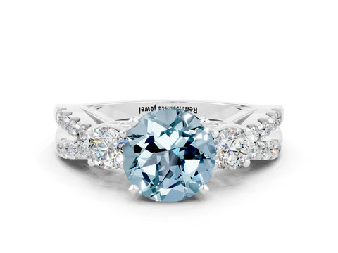 White gold Round Cut Aquamarine Three-Stone Ring with Pavé Split Shank and Four-Prong Setting