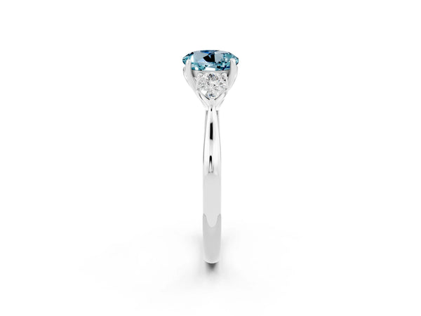 White gold Round Cut Aquamarine Three-Stone Ring with Pear  Side Stones and Prong Setting