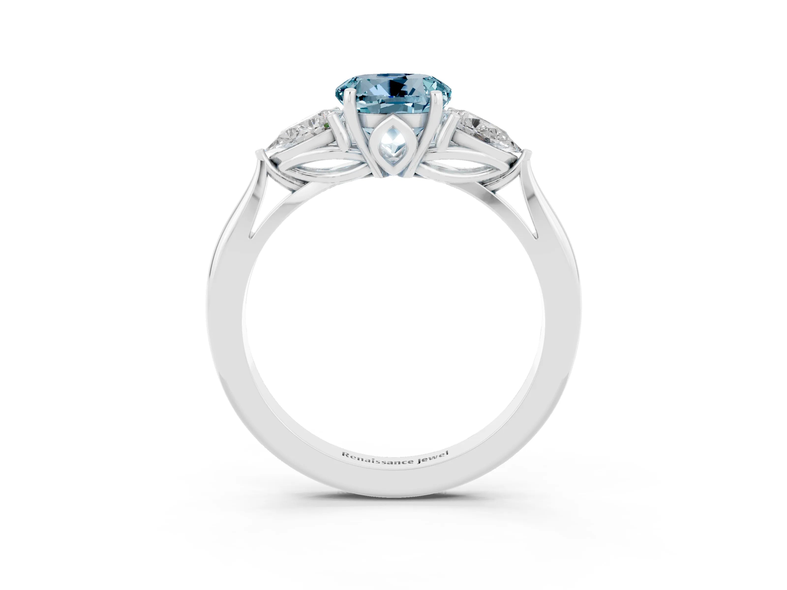 White gold Round Cut Aquamarine Three-Stone Ring with Pear Side Stones and Four-Prong Setting_15