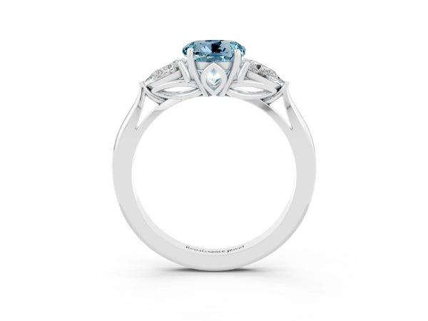 White gold Round Cut Aquamarine Three-Stone Ring with Pear  Side Stones and Prong Setting
