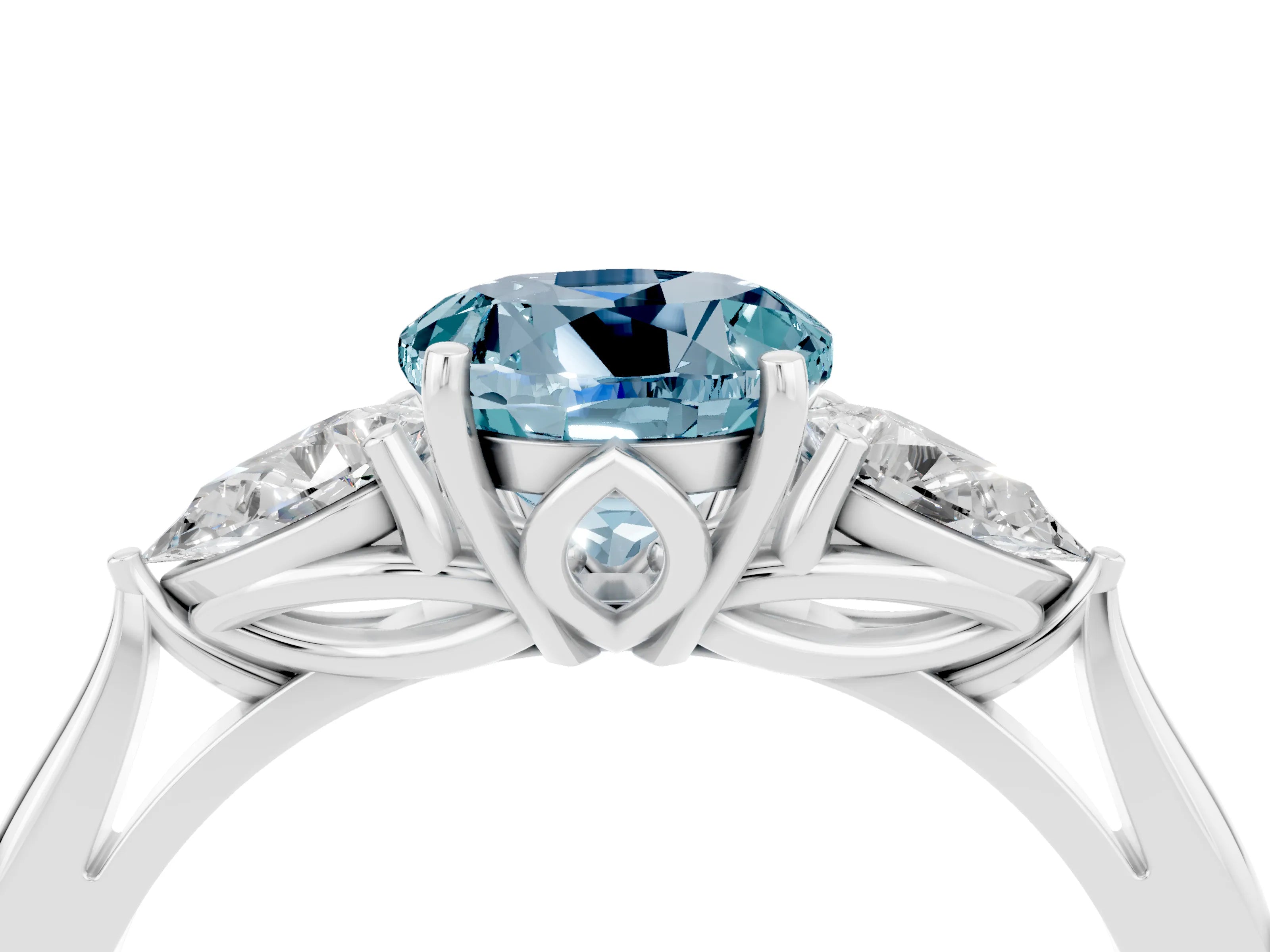 White gold Round Cut Aquamarine Three-Stone Ring with Pear Side Stones and Four-Prong Setting_16