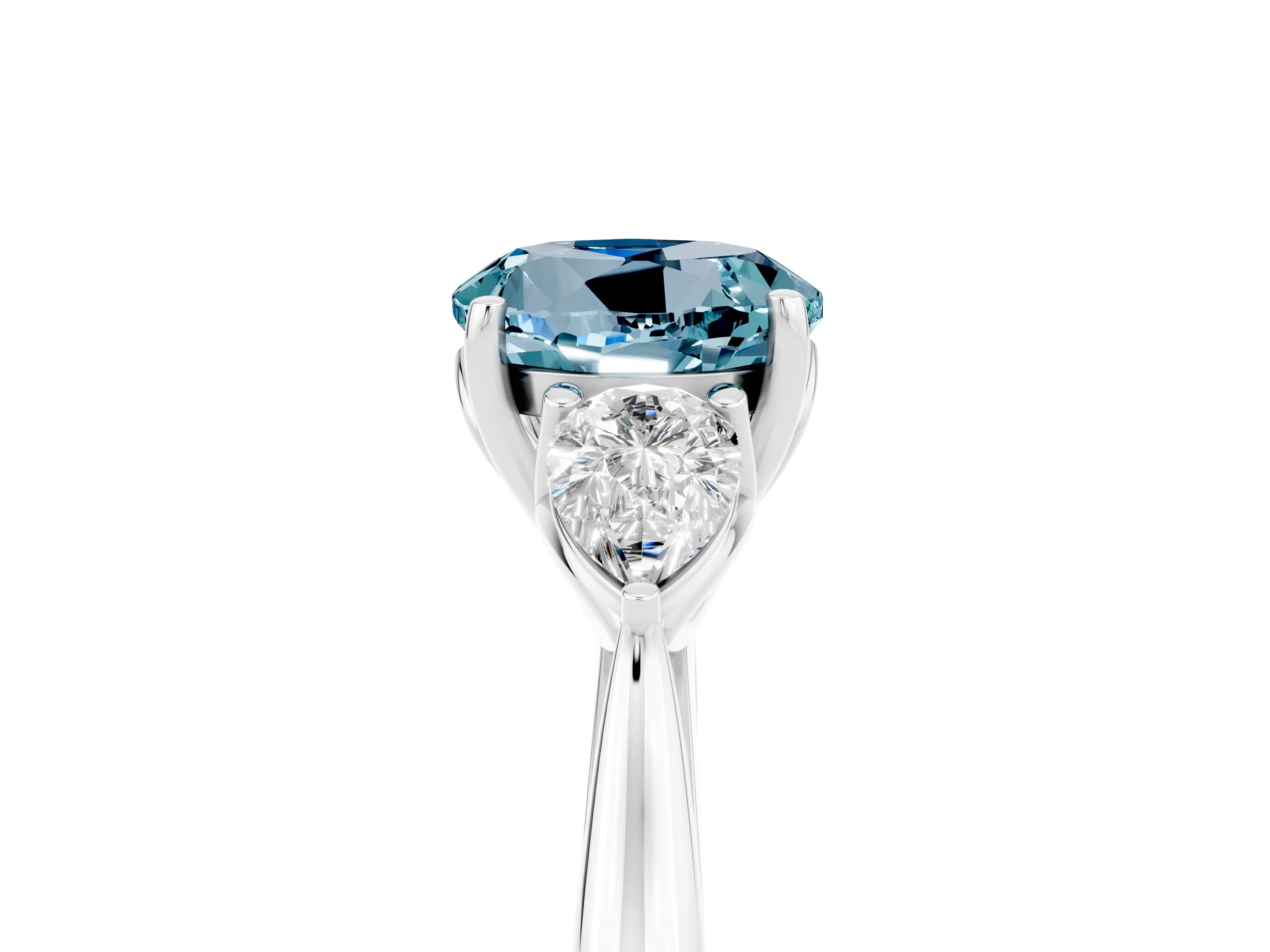 White gold Round Cut Aquamarine Three-Stone Ring with Pear Side Stones and Four-Prong Setting_17