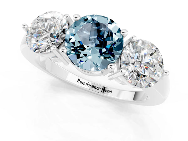 Platinum Round Cut Aquamarine Three-Stone Ring with Prong Setting and Classic Band