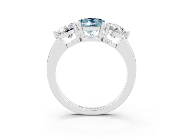 White gold Round Cut Aquamarine Three-Stone Ring with Prong Setting and Classic Band