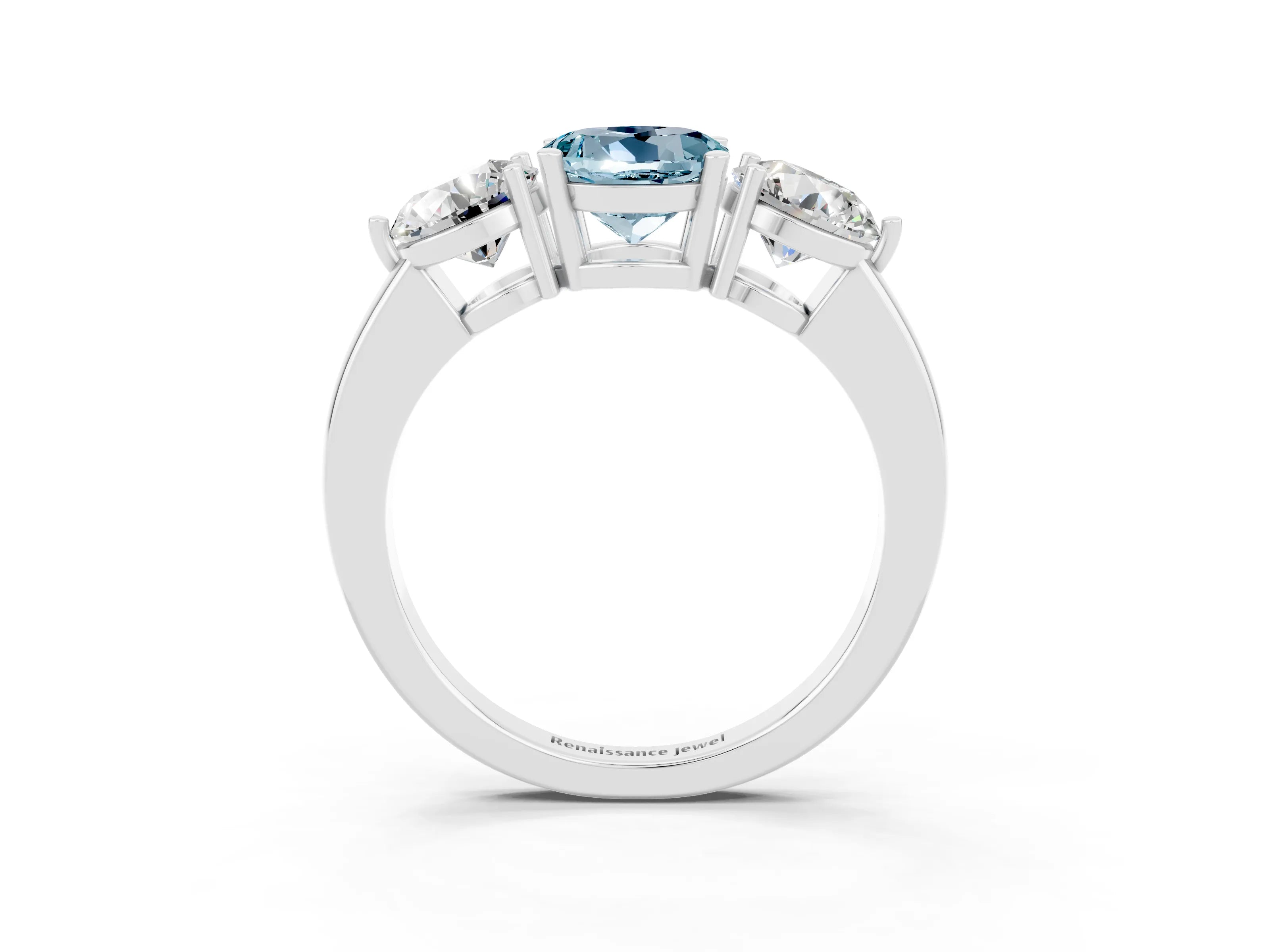 White gold Round Cut Aquamarine Three-Stone Ring with Prong Setting and Classic Band_3
