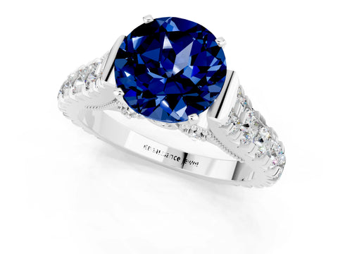 White gold Round Cut Blue Sapphire Classic Solitaire Ring with Pavé Band and Four-Prong Setting_1