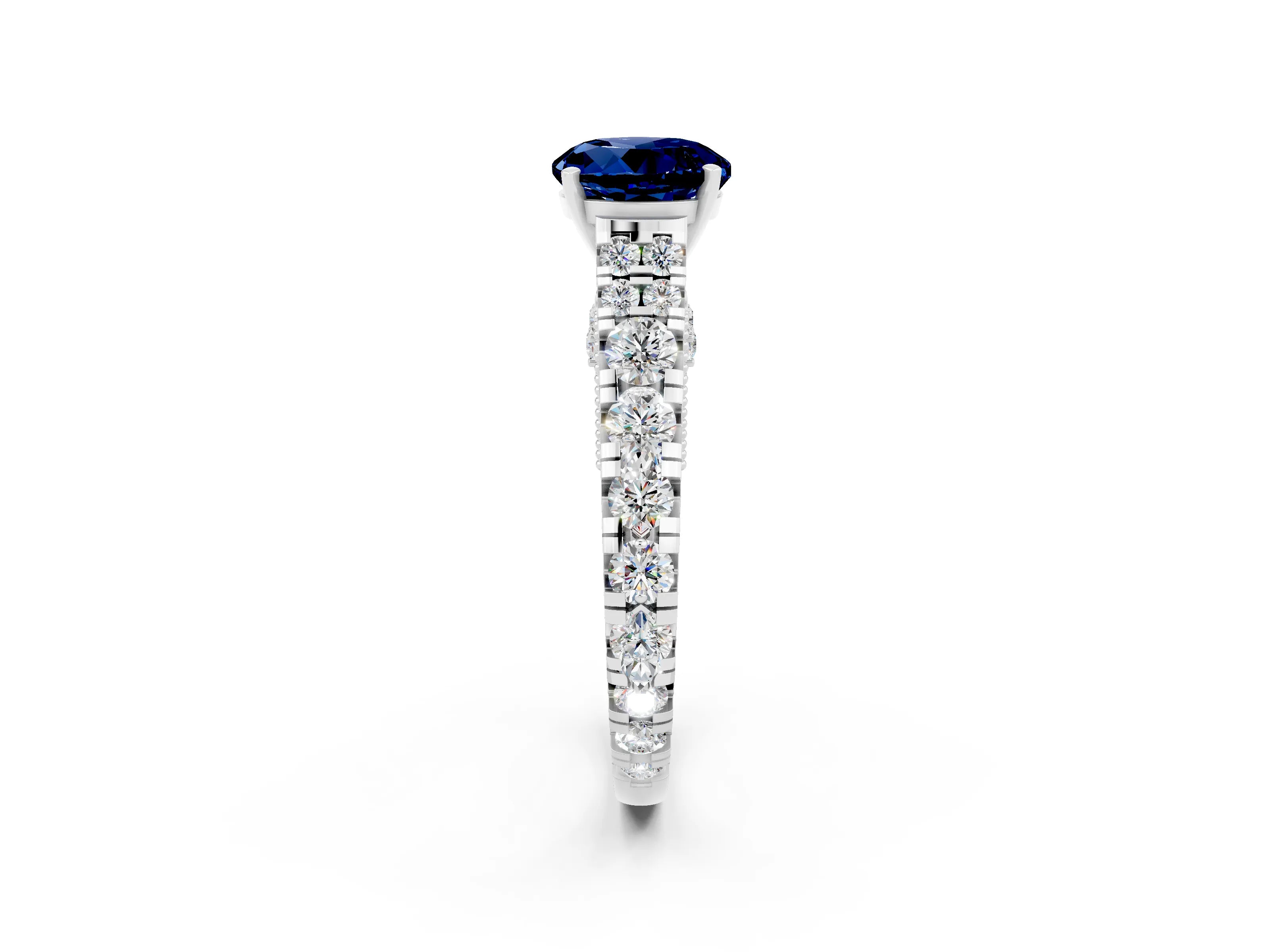 White gold Round Cut Blue Sapphire Classic Solitaire Ring with Pavé Band and Four-Prong Setting_2