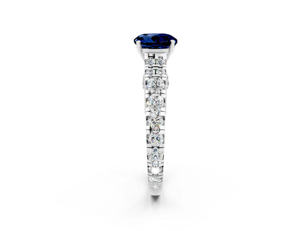 Silver Round Cut Blue Sapphire Classic Solitaire Ring with Pavé Band and Four-Prong Setting