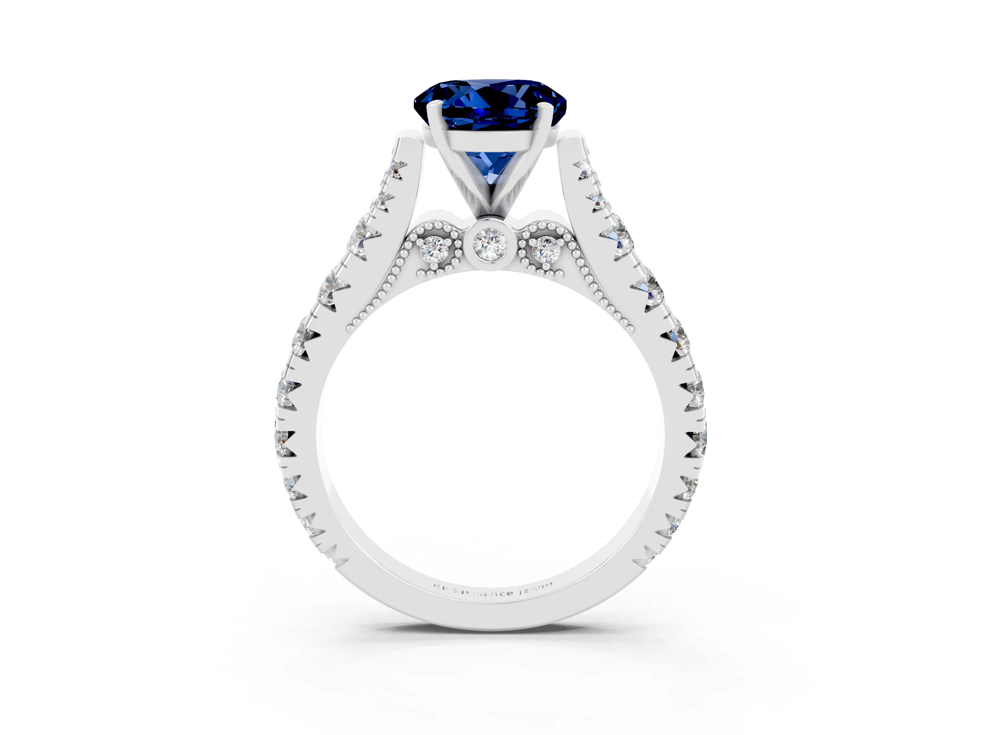 White gold Round Cut Blue Sapphire Classic Solitaire Ring with Pavé Band and Four-Prong Setting_3