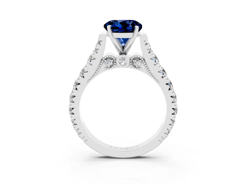 White gold Round Cut Blue Sapphire Classic Solitaire Ring with Pavé Band and Four-Prong Setting_3