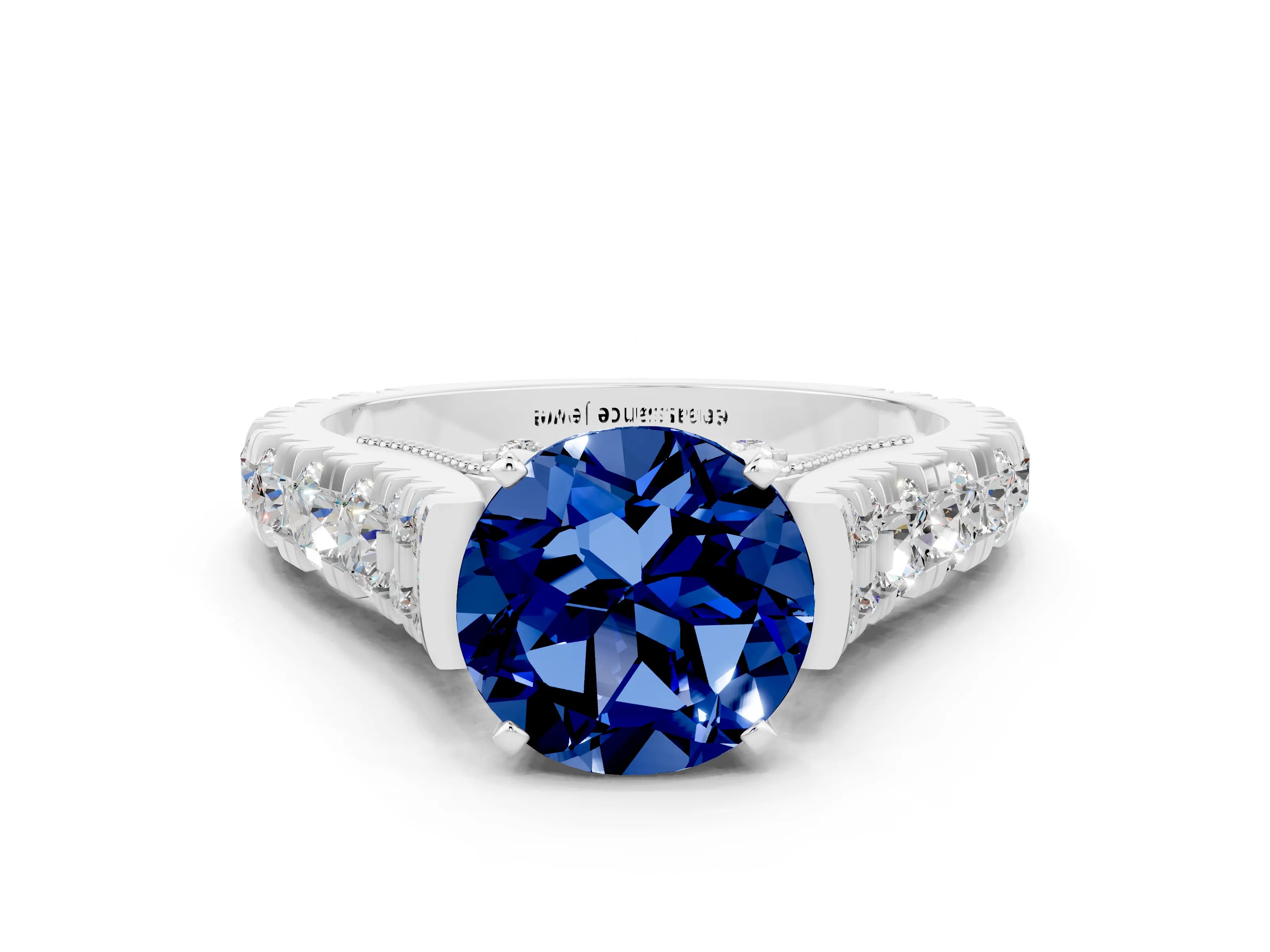 White gold Round Cut Blue Sapphire Classic Solitaire Ring with Pavé Band and Four-Prong Setting