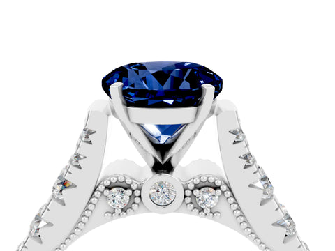 White gold Round Cut Blue Sapphire Classic Solitaire Ring with Pavé Band and Four-Prong Setting_4
